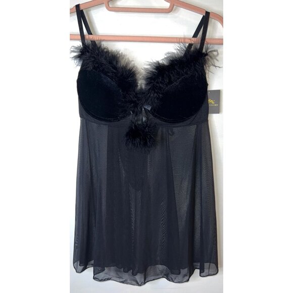 NEW Black Sheer Babydoll Lingerie Set Feather Trim Matching G String Large $87 - Picture 2 of 6